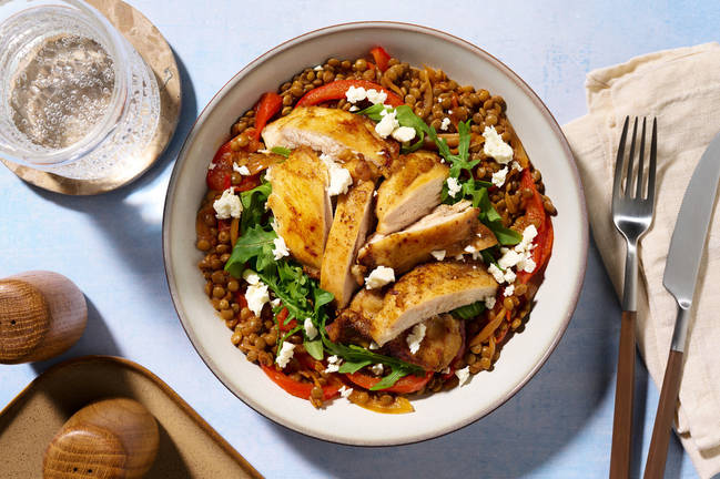 Chermoula Chicken on Caramelised Onion Lentils 