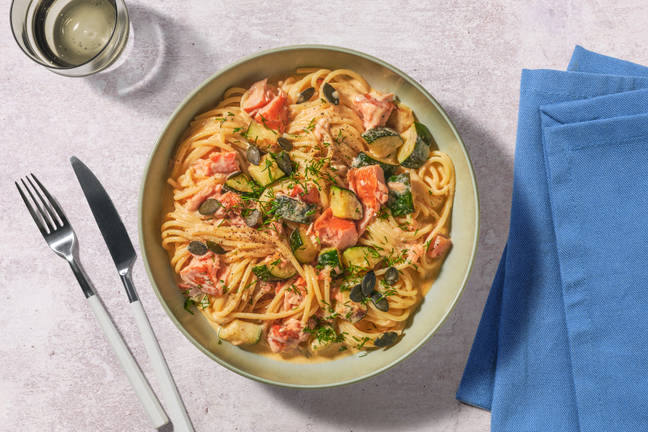Røkelaks i spaghetti