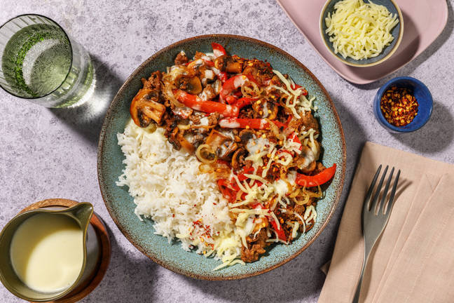 Philly Cheesesteak Inspired Beef Rice Bowl