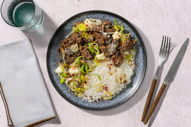 Philly Cheesesteak Inspired Beef Rice Bowl