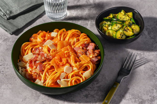 Linguine carbonara fusion au kimchi & lard