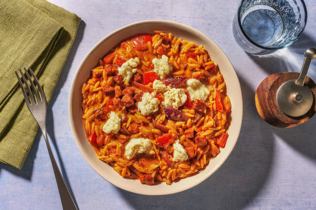 One-pan Chorizo and Mozzarella Orzo