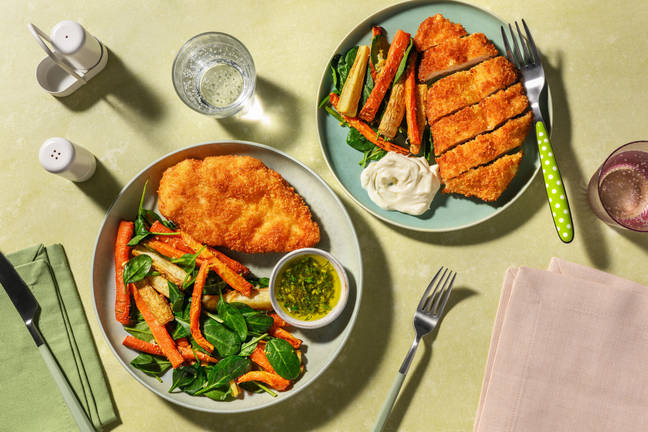 Frasig kyckling milanese med rotfruktspommes