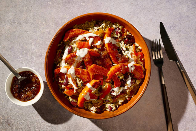 Roasted Jerk Butternut Squash on Rice & Beans