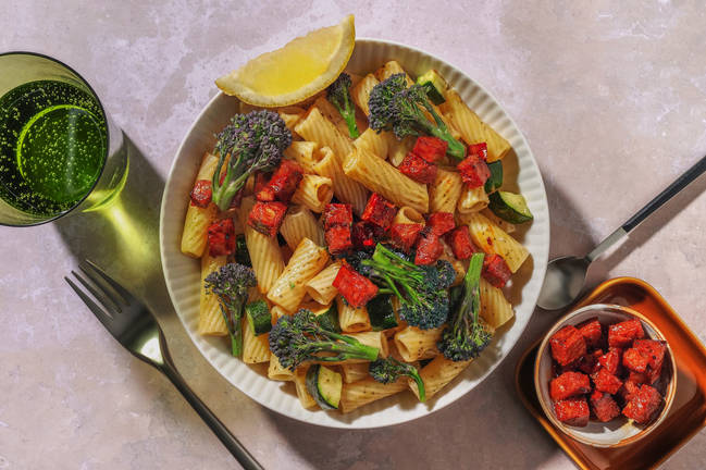 Purple Sprouting Broccoli and Chorizo Jam Rigatoni