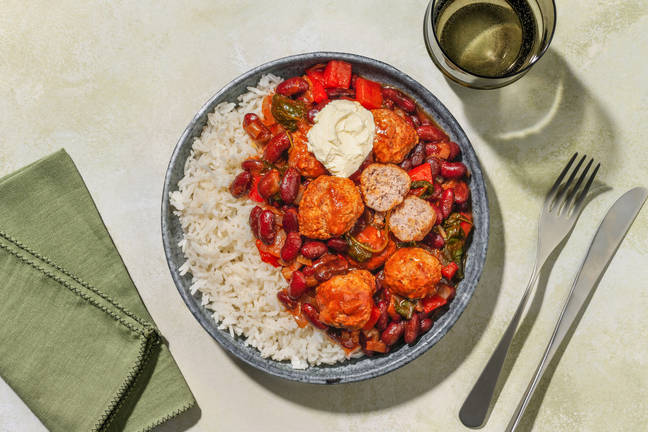 Campfire Style Sausage Meatball Chilli and Rice