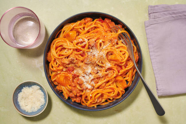 Chorizo and Rainbow Cherry Tomato Linguine