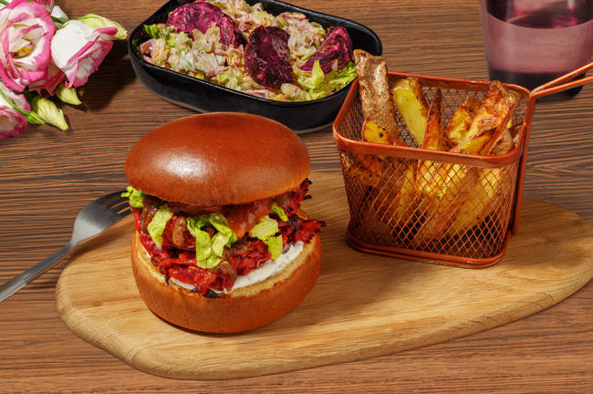 Blushing Beetroot Bhaji Burger and Chips
