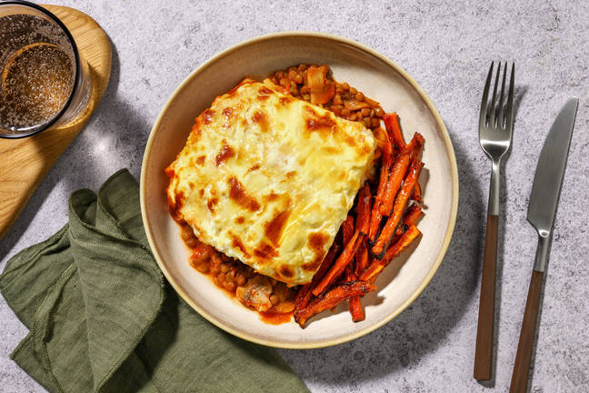 Welsh Rarebit Topped Lentil and Mushroom Veggie Pie