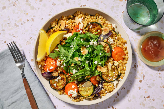 Harissa Pearl Couscous Salad and Honeyed Carrots