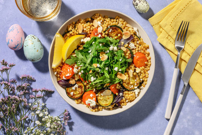Harissa Pearl Couscous Salad and Honeyed Carrots