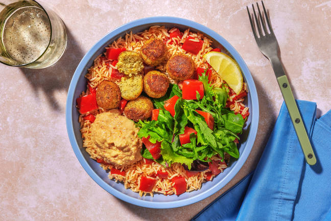 Crispy Falafel and Harissa Spiced Rice Bowl