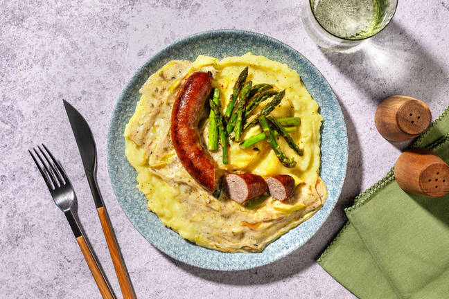 Saucisse & poêlée printanière poireau-asperges