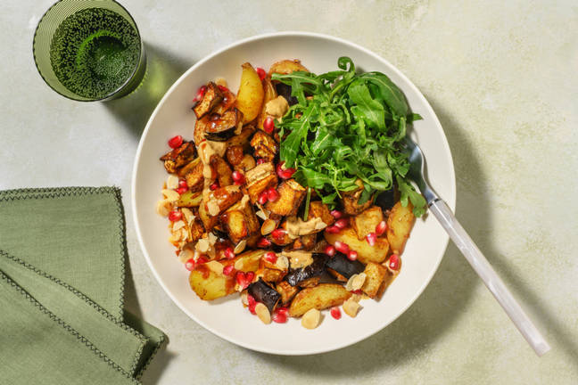 Jewelled Chermoula Aubergine Loaded Garlic Potatoes