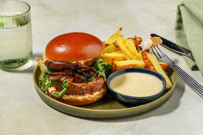 Caramelised Onion Veggie Burger and Fondue Dip