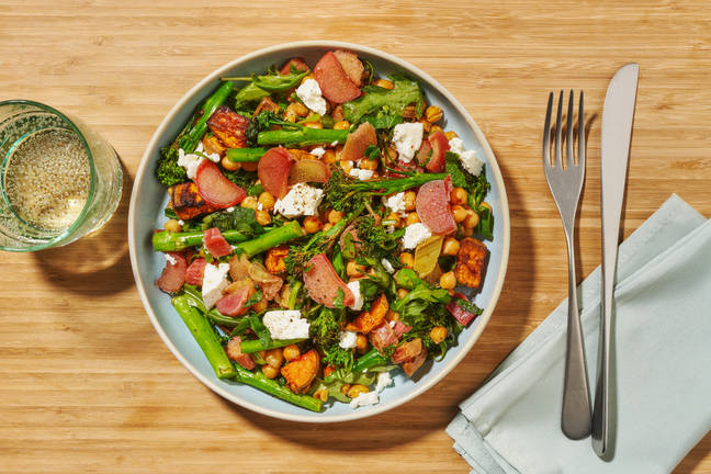 Spring Veg, Chickpea and Pickled Rhubarb Salad