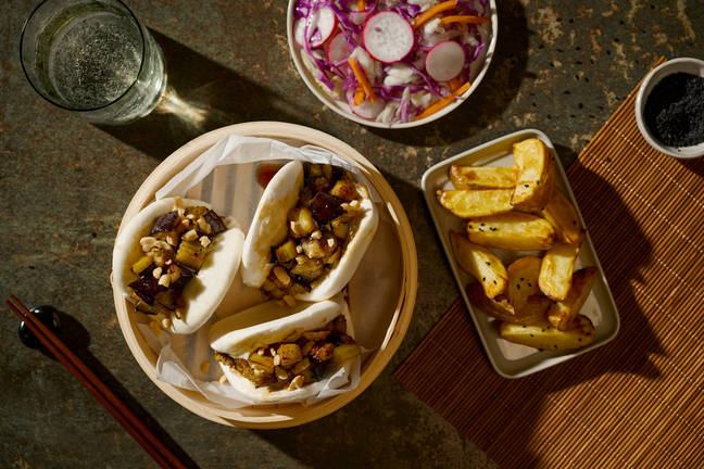 Miso-Honey Aubergine Bao and Sesame Radish Slaw