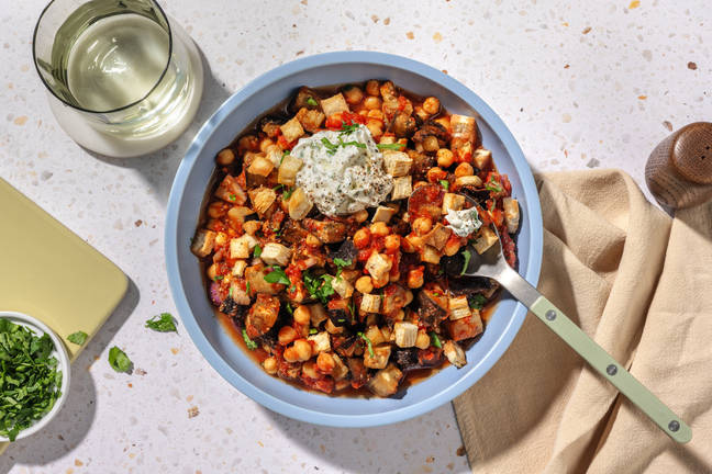 Aubergines à la grecque & dip yaourt persillé