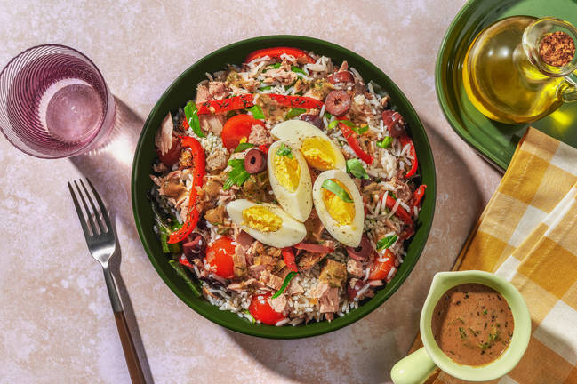 Salade de riz à la niçoise : thon & olives