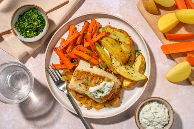 Lieu poêlé, potatoes & sauce blanche aux herbes