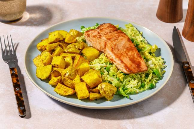 Mango Chutney Glazed Salmon and Turmeric Roast Potatoes