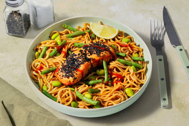 Black Sesame Crusted Salmon and Teriyaki Noodles