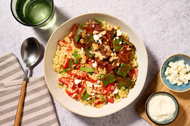 Sticky Spiced Onion & Summer Bean Braise on Bulgur