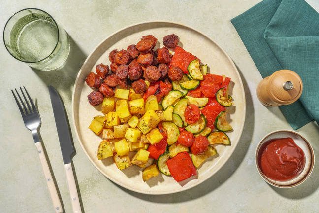 Saucisse fumée sauce BBQ & légumes grillés