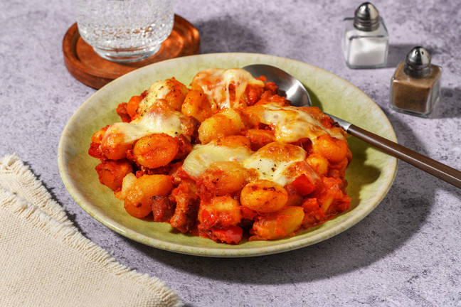 Gratin de gnocchi au chorizo, tomate & poivron