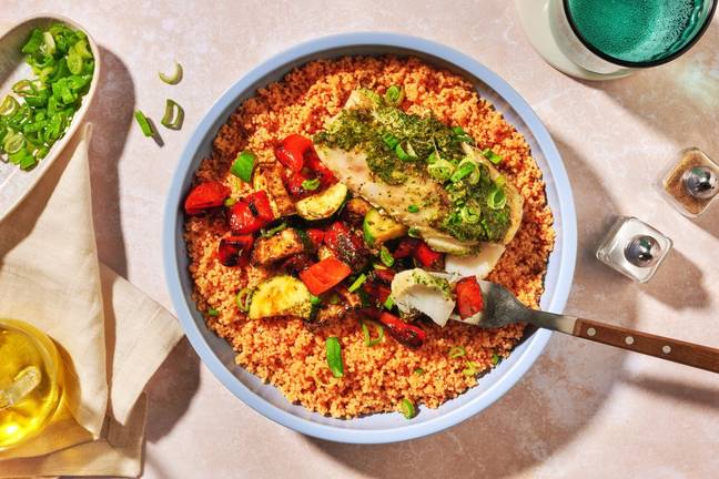 Papillote de lieu au pesto & légumes rôtis