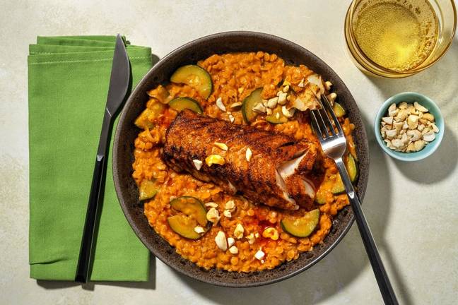 Lieu & dahl de lentilles corail au curry rouge