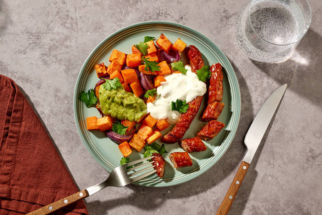 One tray : chipolatas & patate douce tex-mex