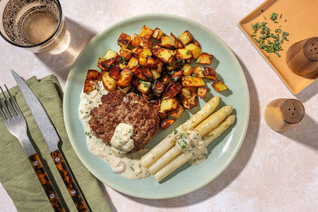 Steak haché & asperges blanches poêlées