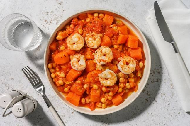 Riesencrevetten Tajine mit Süsskartoffel