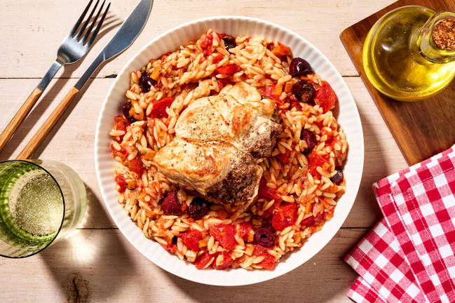 Mijoté d'orzo, paupiette de veau & olives