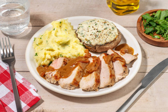 Porc sauce moutarde & champi farci au fromage