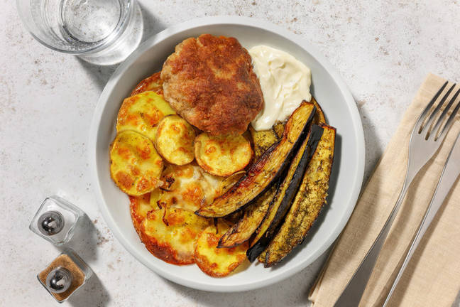 Hamburguesa de pollo con berenjenas a la miel