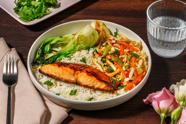 Ketjap Manis Glazed Salmon and Garlic Rice