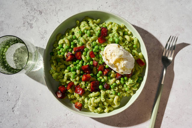 Pâtes à la crème de petits pois & chorizo