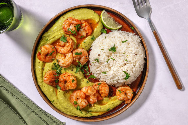 Mazzancolle su guacamole di avocado e peperoni