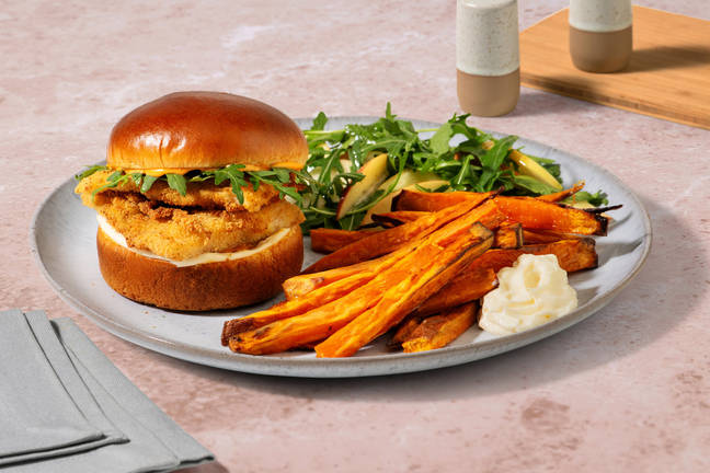 Crispy Basa Burger and Spiced Sweet Potato Fries