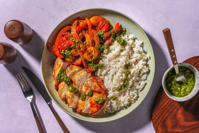 Pesto Chicken Traybake and Garlic Rice