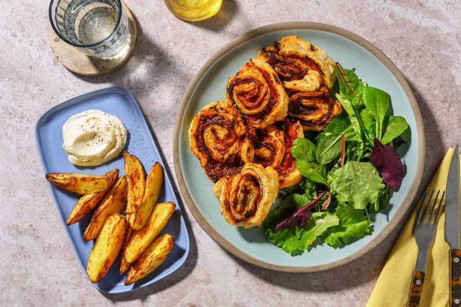 Chorizo Pizza Pinwheels, Wedges and Aioli Dip