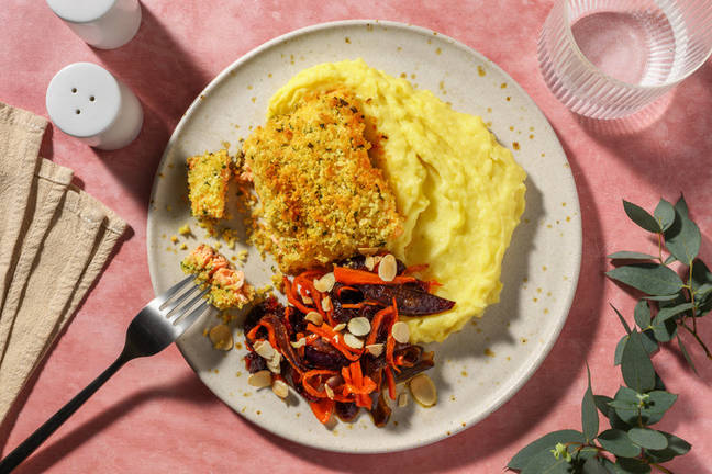 Saumon pané panko & purée au lait au romarin