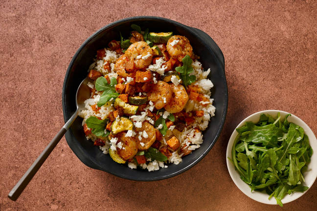 Spiced Spelt, Roasted Veg and Prawn Salad