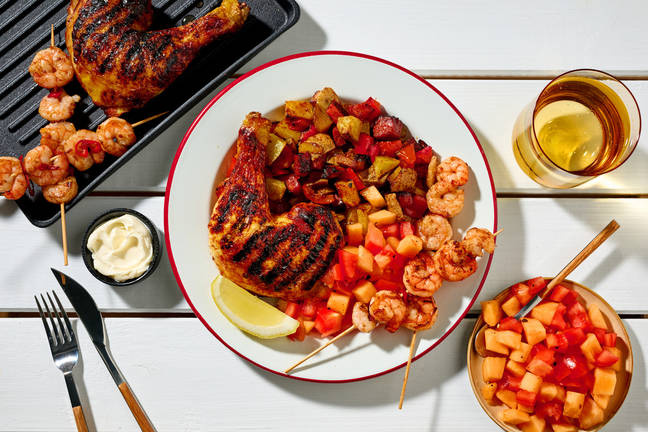 Place au BBQ : poulet & crevettes marinées