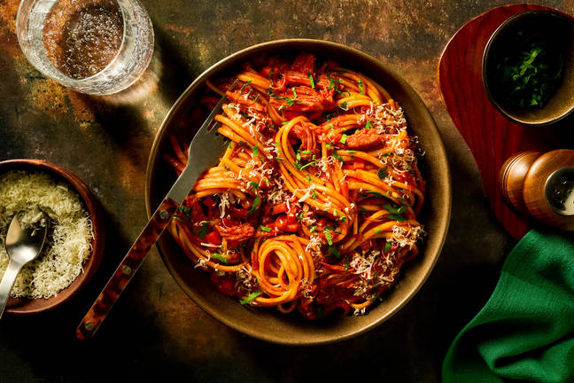 Linguine au confit de canard, lardons & champis
