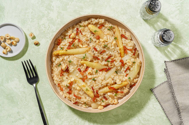 Spargelrisotto mit knusprigem Bacon