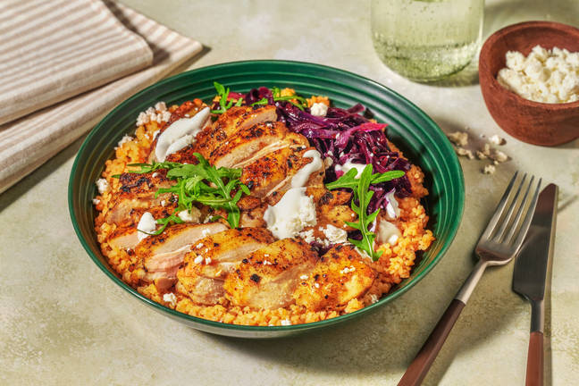 Chermoula Chicken and Sour Cherry Cabbage Bulgur