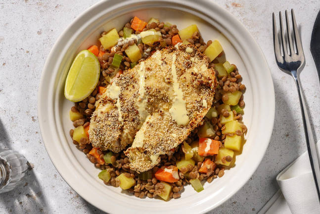 Fischfilet mit Senfkruste auf Linsengemüse 